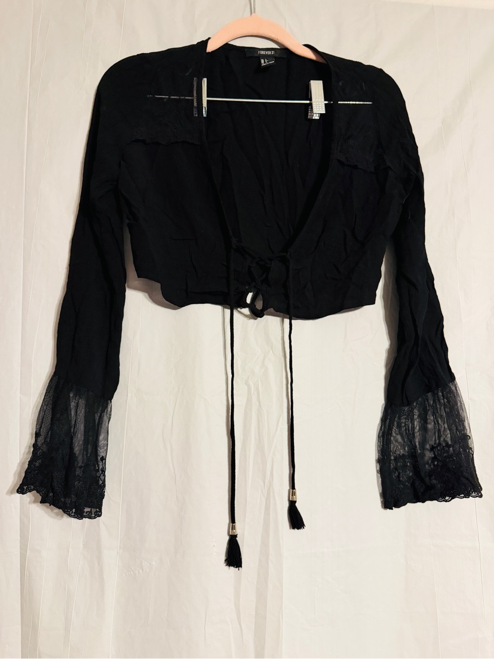 Forever 21 Black Lace Bell Sleeve Crop Top Size S Lace Up Boho Whimsigoth